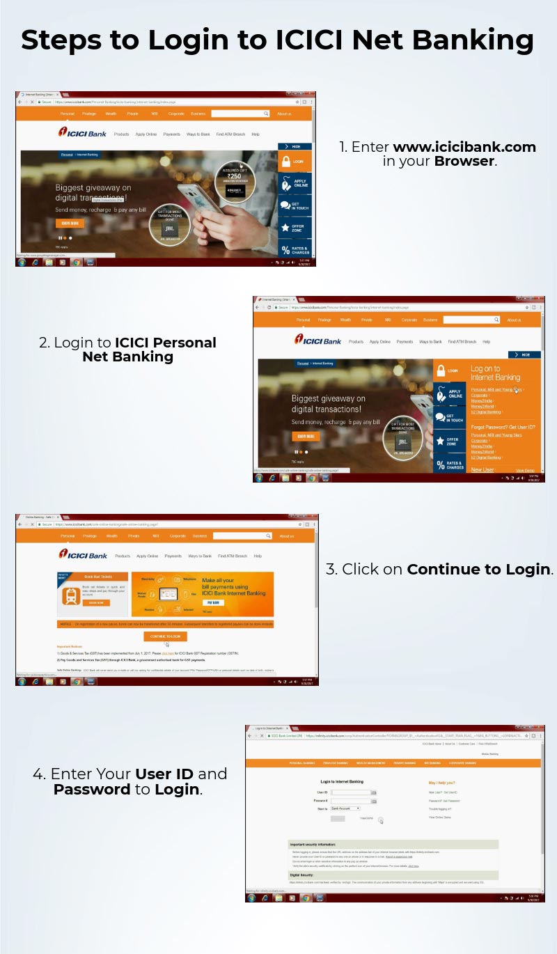 
                    1.  Enter www.icicibank.comin your Browser.
                    2.  Login to ICICI Personal Net Banking.
                    3.  Click on Continue to Login.
                    4.  Enter Your User ID and Password to Login.
                    